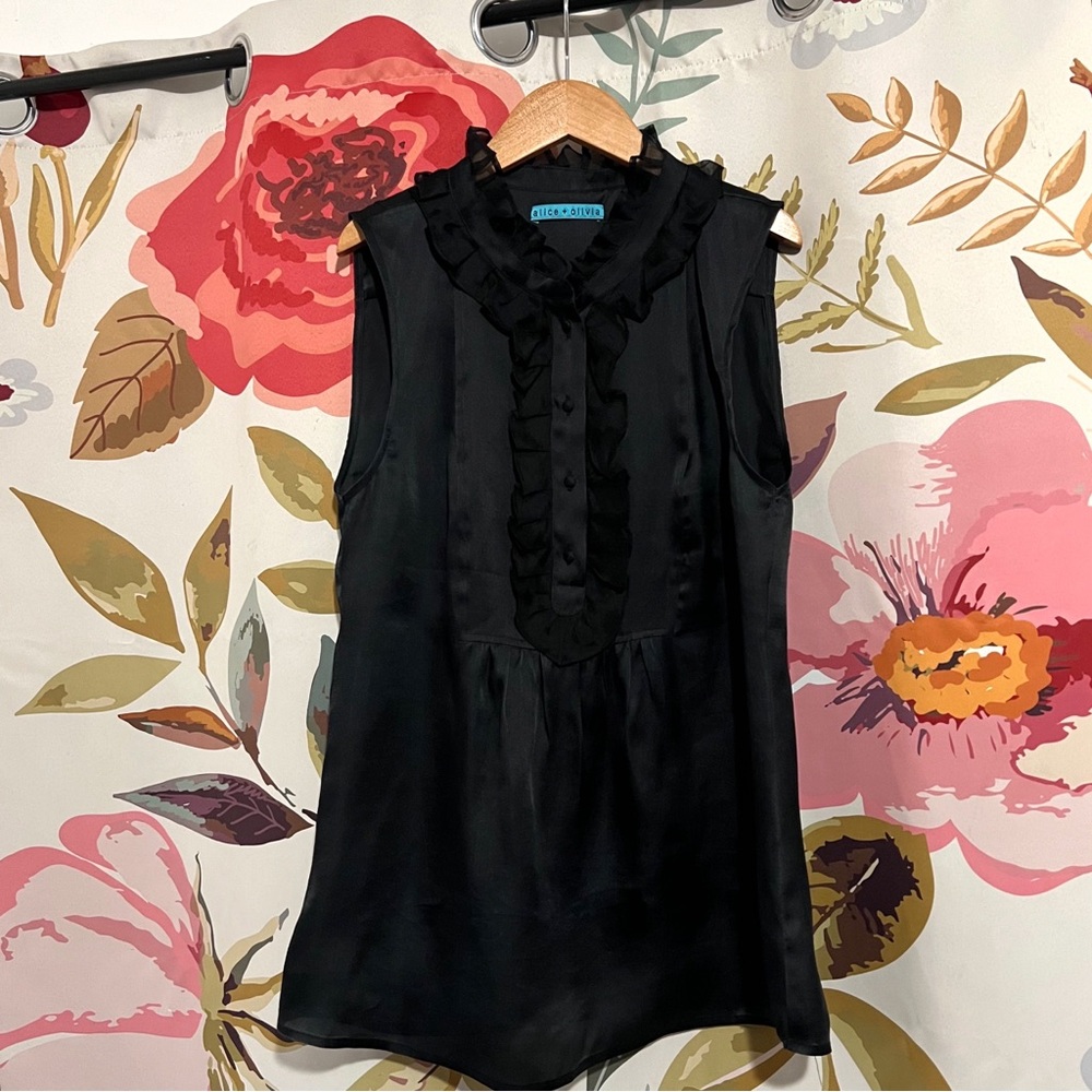 Alice + Olivia Black Sleeveless Ruffle-Trim Blouse